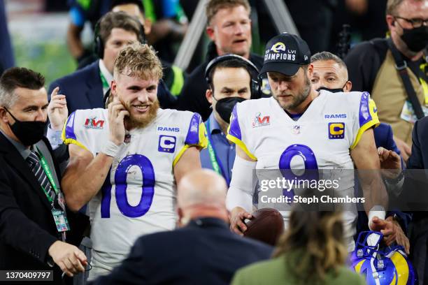 Cooper Kupp and Matthew Stafford of the Los Angeles Rams look on following Super Bowl LVI at SoFi Stadium on February 13, 2022 in Inglewood,...