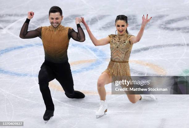 Lilah Fear and Lewis Gibson of Team Great Britain react during the Ice Dance Free Dance on day ten of the Beijing 2022 Winter Olympic Games at...
