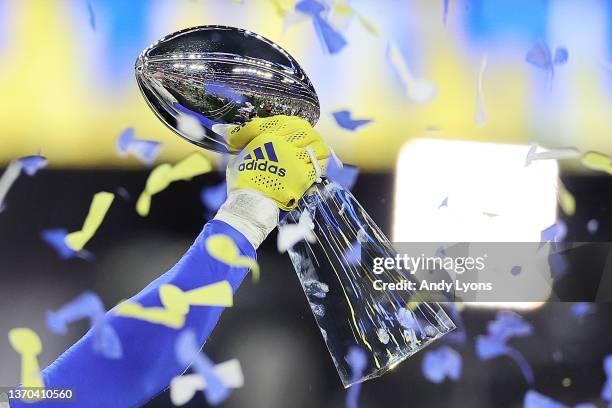 The Vince Lombardi Trophy is seen following Super Bowl LVI at SoFi Stadium on February 13, 2022 in Inglewood, California. The Los Angeles Rams...