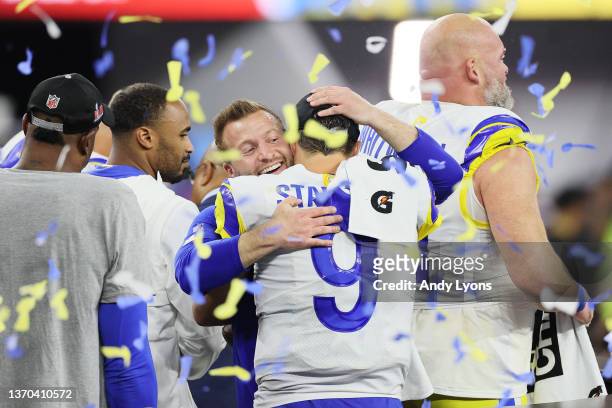 Head coach Sean McVay of the Los Angeles Rams and Matthew Stafford celebrate after Super Bowl LVI at SoFi Stadium on February 13, 2022 in Inglewood,...