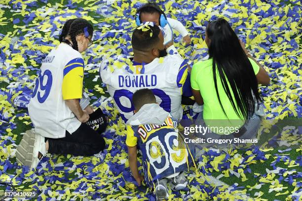 Aaron Donald of the Los Angeles Rams celebrates after defeating the Cincinnati Bengals during Super Bowl LVI at SoFi Stadium on February 13, 2022 in...