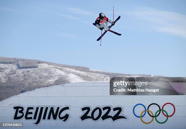 Sarah Hoefflin of Team Switzerland performs a trick during the Women's Freestyle Skiing Freeski Slopestyle Qualification on Day 10 of the Beijing...