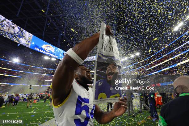 Leonard Floyd of the Los Angeles Rams celebrates after Super Bowl LVI at SoFi Stadium on February 13, 2022 in Inglewood, California. The Los Angeles...