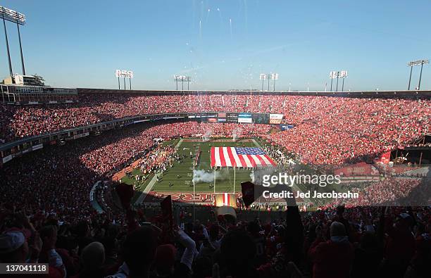 General view of the American flag being displayed on the field before the NFC Divisional playoff game between the San Francisco 49ers and the New...