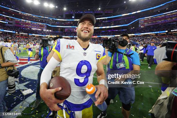 Matthew Stafford of the Los Angeles Rams celebrates after Super Bowl LVI at SoFi Stadium on February 13, 2022 in Inglewood, California. The Los...