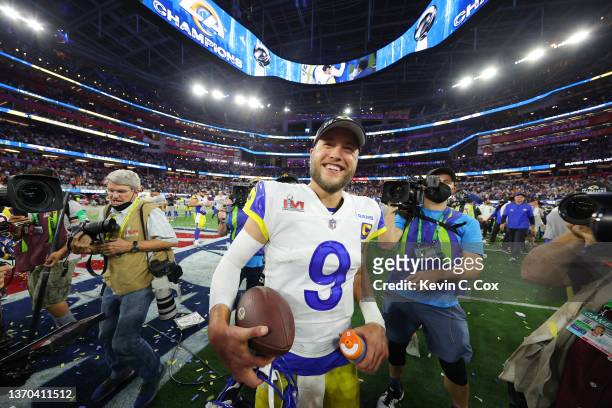 Matthew Stafford of the Los Angeles Rams celebrates after Super Bowl LVI at SoFi Stadium on February 13, 2022 in Inglewood, California. The Los...