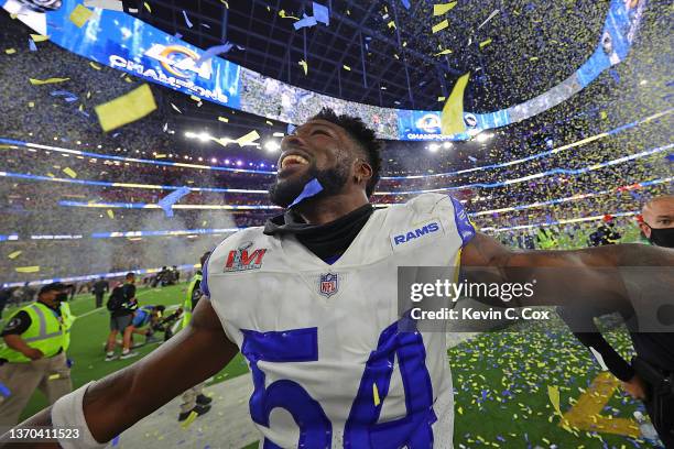 Leonard Floyd of the Los Angeles Rams celebrates after Super Bowl LVI at SoFi Stadium on February 13, 2022 in Inglewood, California. The Los Angeles...