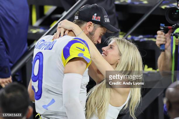 Matthew Stafford of the Los Angeles Rams celebrates with his wife Kelly Stafford during Super Bowl LVI at SoFi Stadium on February 13, 2022 in...