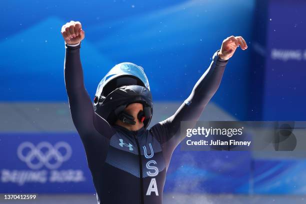 Elana Meyers Taylor of Team United States celebrates during the Women's Monobob Bobsleigh Heat 4 on day 10 of Beijing 2022 Winter Olympic Games at...