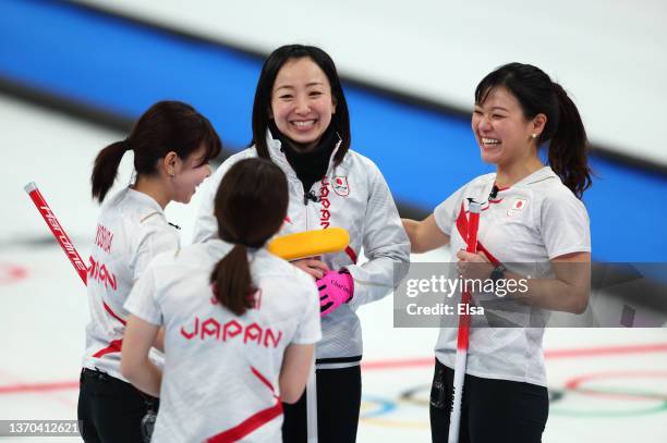 Yurika Yoshida, Yumi Suzuki, Satsuki Fujisawa and Chinami Yoshida of Team Japan react during the Women’s Curling Round Robin Session against Team...