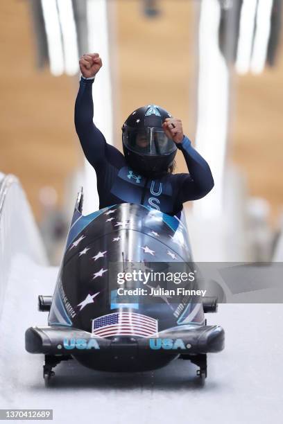 Elana Meyers Taylor of Team United States celebrates during the Women's Monobob Bobsleigh Heat 4 on day 10 of Beijing 2022 Winter Olympic Games at...