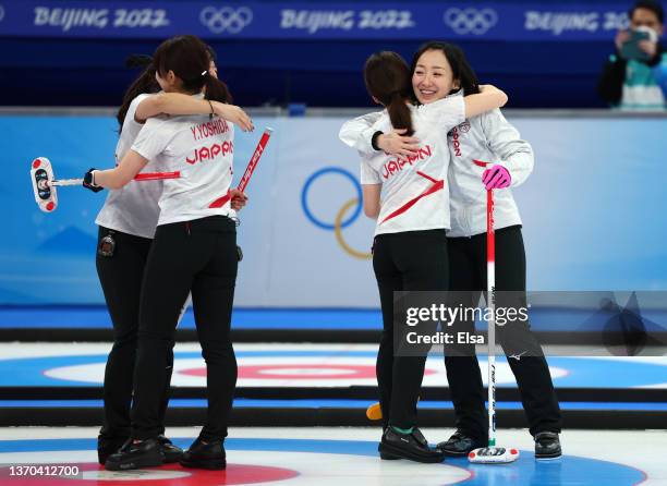 Chinami Yoshida, Yurika Yoshida, Yumi Suzuki and Satsuki Fujisawa of Team Japan react winning their Women’s Curling Round Robin Session against Team...