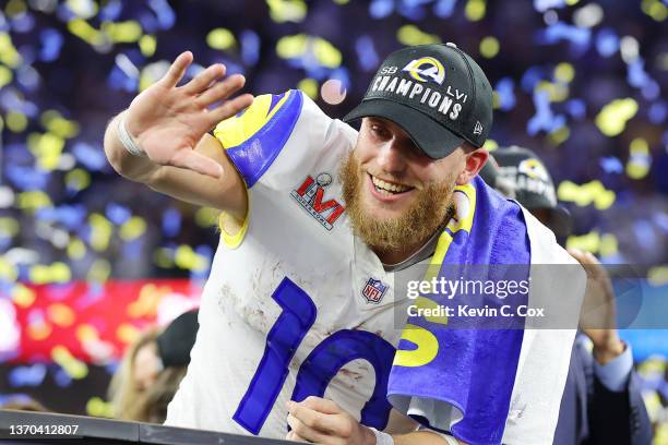 Cooper Kupp of the Los Angeles Rams celebrates followong Super Bowl LVI at SoFi Stadium on February 13, 2022 in Inglewood, California. The Los...