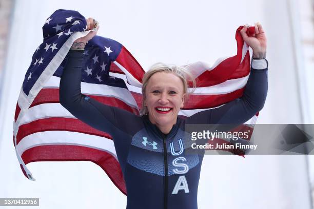 Gold medallist Kaillie Humphries of Team United States celebrates during the Women's Monobob Bobsleigh Heat 4 on day 10 of Beijing 2022 Winter...