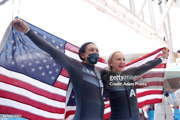 Gold medallist Kaillie Humphries of Team United States and Silver medallist Elana Meyers Taylor of Team United States celebrate during the Women's...