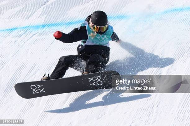 Katie Ormerod of Team Great Britain falls on landing during the Women's Snowboard Big Air Qualification on Day 10 of the Beijing 2022 Winter Olympics...