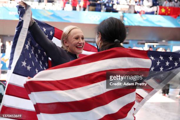 Gold medallist Kaillie Humphries of Team United States and Silver medallist Elana Meyers Taylor of Team United States celebrate during the Women's...
