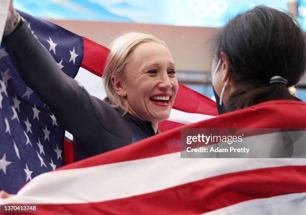 Gold medallist Kaillie Humphries of Team United States and Silver medallist Elana Meyers Taylor of Team United States celebrate during the Women's...