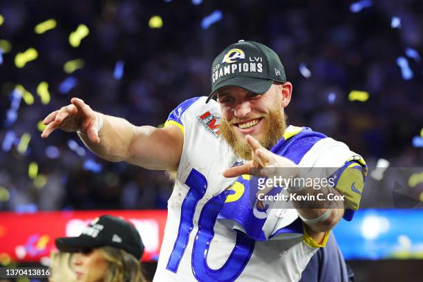 Cooper Kupp of the Los Angeles Rams celebrates after Super Bowl LVI at SoFi Stadium on February 13, 2022 in Inglewood, California. The Los Angeles...