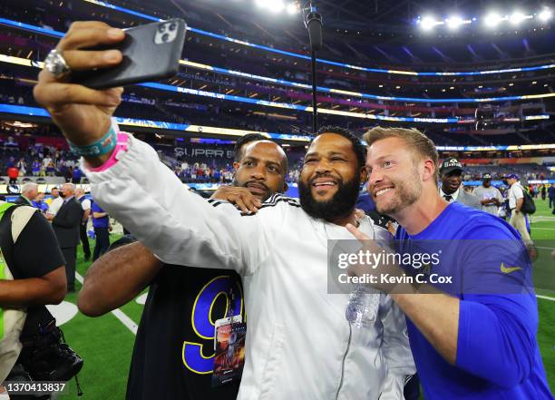 Head coach Sean McVay of the Los Angeles Rams takes a selfie with actor Anthony Anderson during Super Bowl LVI at SoFi Stadium on February 13, 2022...