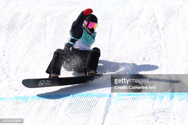Katie Ormerod of Team Great Britain falls on landing during the Women's Snowboard Big Air Qualification on Day 10 of the Beijing 2022 Winter Olympics...