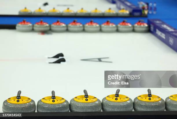 General view of stones lined up during the Women’s Curling Round Robin Session on Day 10 of the Beijing 2022 Winter Olympic Games at National...