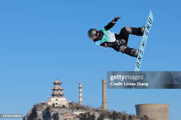 Jamie Anderson of Team United States performs a trick on a practice run ahead of the Women's Snowboard Big Air Qualification on Day 10 of the Beijing...