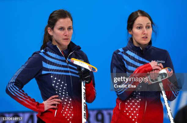 Tara Peterson and Tabitha Peterson of Team United States look on during the Women’s Curling Round Robin Session against Team Korea on Day 10 of the...