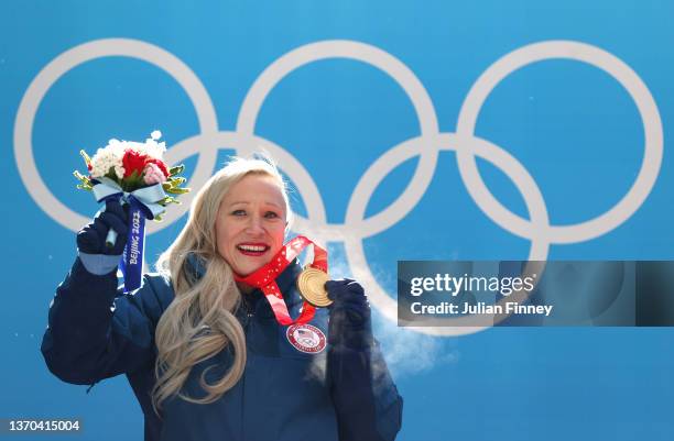 Gold medallist Kaillie Humphries of Team United States poses during the Women's Monobob Bobsleigh medal ceremony on day 10 of Beijing 2022 Winter...