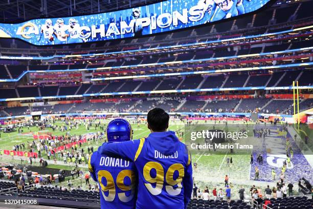 Fans celebrate after Super Bowl LVI at SoFi Stadium on February 13, 2022 in Inglewood, California. The Los Angeles Rams defeated the Cincinnati...