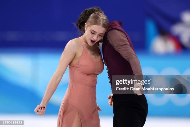 Alexandra Stepanova and Ivan Bukin of Team ROC react during the Ice Dance Free Dance on day ten of the Beijing 2022 Winter Olympic Games at Capital...