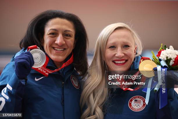 Silver medallist Elana Meyers Taylor of Team United States and Gold medallist Kaillie Humphries of Team United States celebrate during the Women’s...