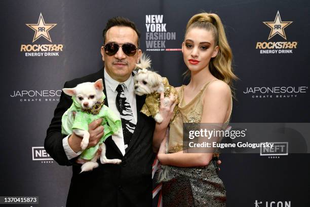 Anthony Rubio and model at New York Fashion Week Powered By Art Hearts Fashion at The Ziegfeld Ballroom on February 13, 2022 in New York City.