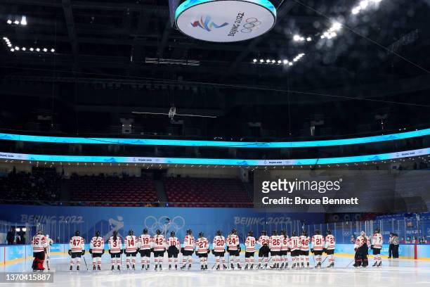 Team Canada line up at their blue line before ththe Women's Ice Hockey Playoff Semifinal match between Team Canada and Team Switzerland on Day 10 of...