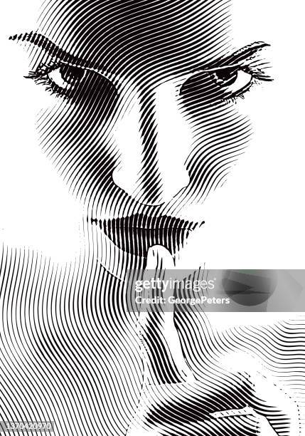 frau mit finger auf den lippen shushing - one mid adult woman only stock-grafiken, -clipart, -cartoons und -symbole