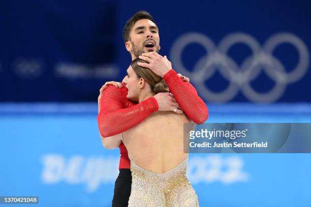 Gabriella Papadakis and Guillaume Cizeron of Team France react during the Ice Dance Free Dance on day ten of the Beijing 2022 Winter Olympic Games at...