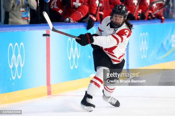 Jocelyne Larocque of Team Canada shoots the puck during the second period of the Women's Ice Hockey Playoff Semifinal match between Team Canada and...