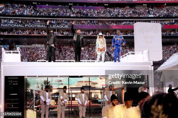 Eminem, Dr. Dre, Mary J. Blige, and Snoop Dogg perform onstage during the Pepsi Super Bowl LVI Halftime Show at SoFi Stadium on February 13, 2022 in...