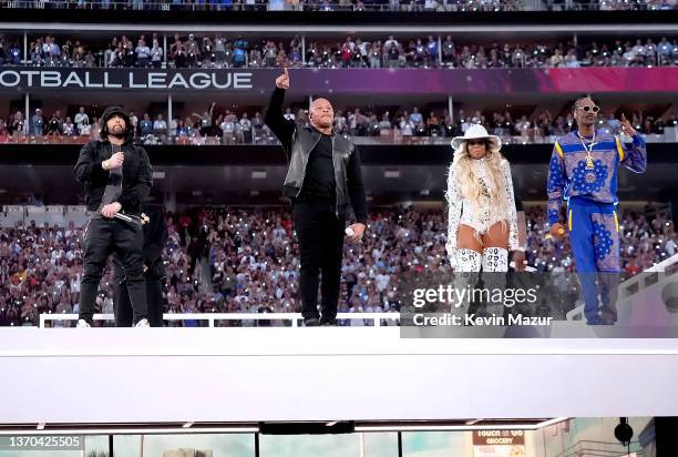 Eminem, Dr. Dre, Mary J. Blige, and Snoop Dogg perform onstage during the Pepsi Super Bowl LVI Halftime Show at SoFi Stadium on February 13, 2022 in...