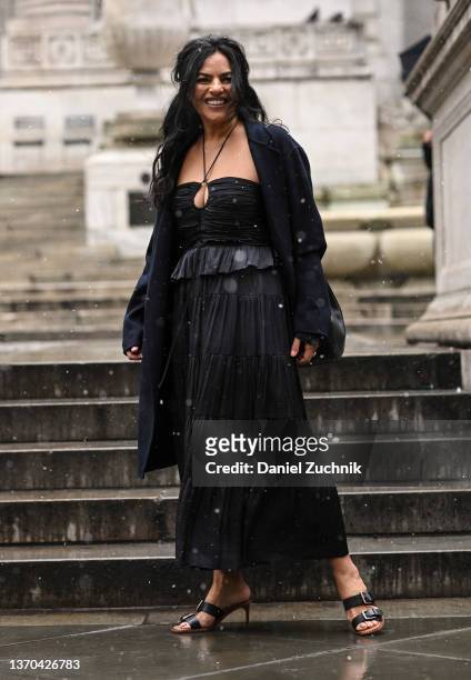 Actress Sarita Choudhury is seen outside the Ulla Johnson show during New York Fashion Week A/W 2022 on February 13, 2022 in New York City.