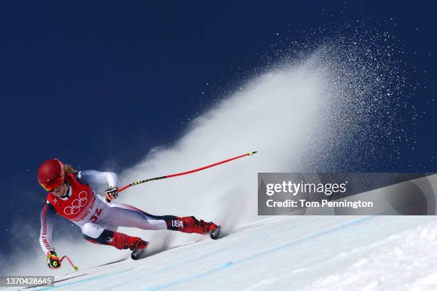 Mikaela Shiffrin of Team United States skis during the Women's Downhill 3rd Training on day 10 of the Beijing 2022 Winter Olympic Games at National...