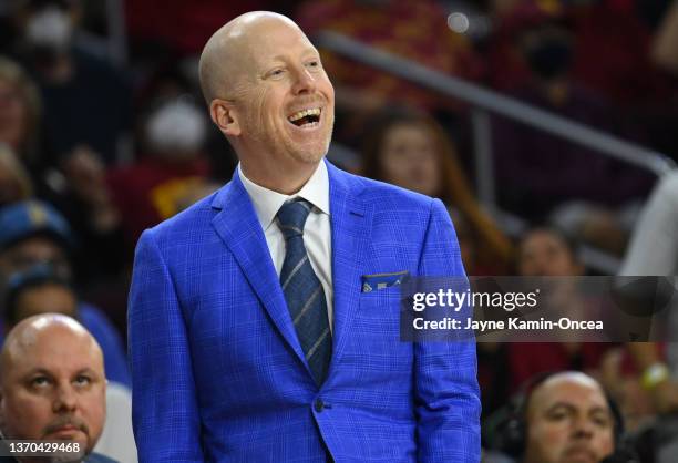 Head coach Mick Cronin of the UCLA Bruins expresses his frustration in the second half of the game against the USC Trojans at Galen Center on...