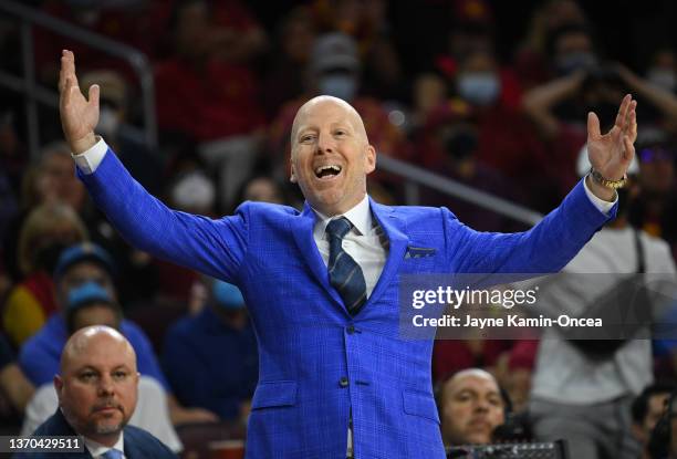 Head coach Mick Cronin of the UCLA Bruins expresses his frustration in the second half of the game against the USC Trojans at Galen Center on...