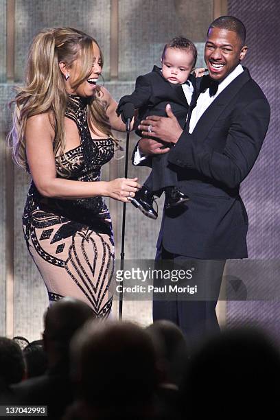 Mariah Carey, Moroccan Scott Cannon and Nick Cannon on stage at BET Honors 2012 at the Warner Theatre on January 14, 2012 in Washington, DC.