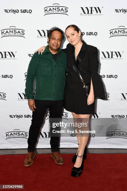 Aks Mathur and Flying Solo Co-Founder and Managing Director Elizabeth Solomeina attend the Flying Solo NYFW February 2022 Afterparty on February 13,...