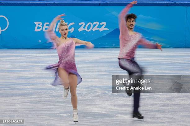 Piper Gilles and Paul Poirier of Team Canada react during the Ice Dance Free Dance on day ten of the Beijing 2022 Winter Olympic Games at Capital...