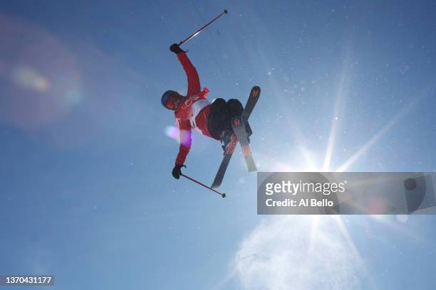 Ailing Eileen Gu of Team China performs a trick during the Women's Freestyle Skiing Halfpipe Training session on Day 10 of the Beijing 2022 Winter...