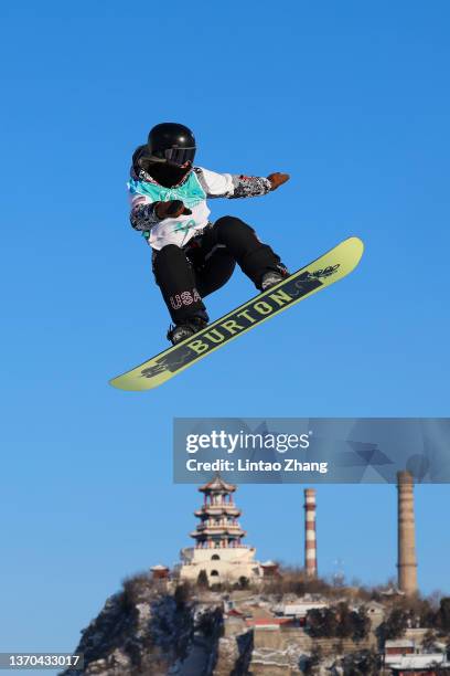 Julia Marino of Team United States performs a trick on a practice run ahead of the Women's Snowboard Big Air Qualification on Day 10 of the Beijing...