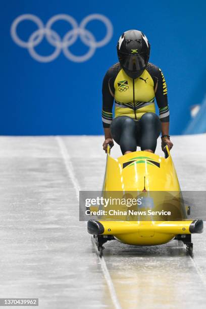 Jazmine Fenlator-Victorian of Team Jamaica slides during the Women's Monobob Bobsleigh heats on Day 9 of Beijing 2022 Winter Olympic Games at Yanqing...