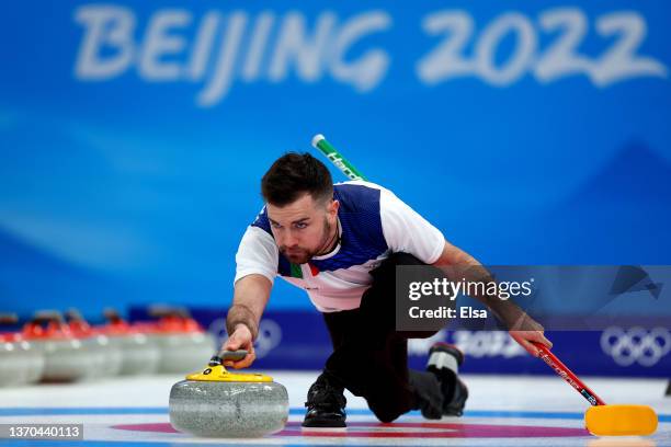 Simone Gonin of Team Italy competes against Team Canada during the Men’s Curling Round Robin Session on Day 10 of the Beijing 2022 Winter Olympic...